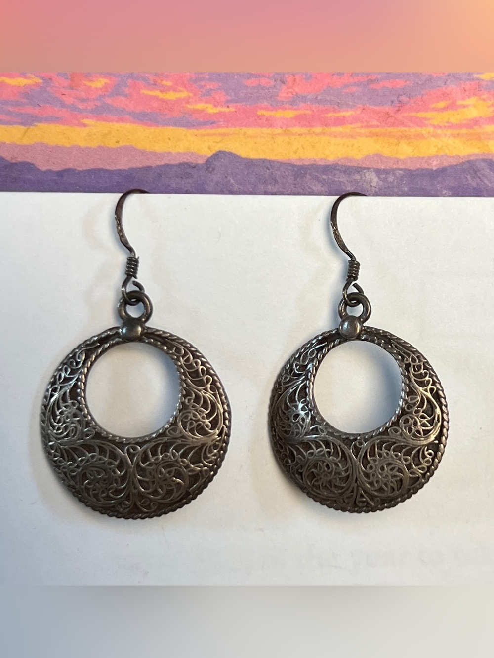 Oxidized Silver Tone Filigree Open Circle Dangle Earrings
